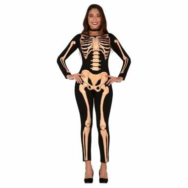 Zwart/oranje skelet verkleed morphsuit dames